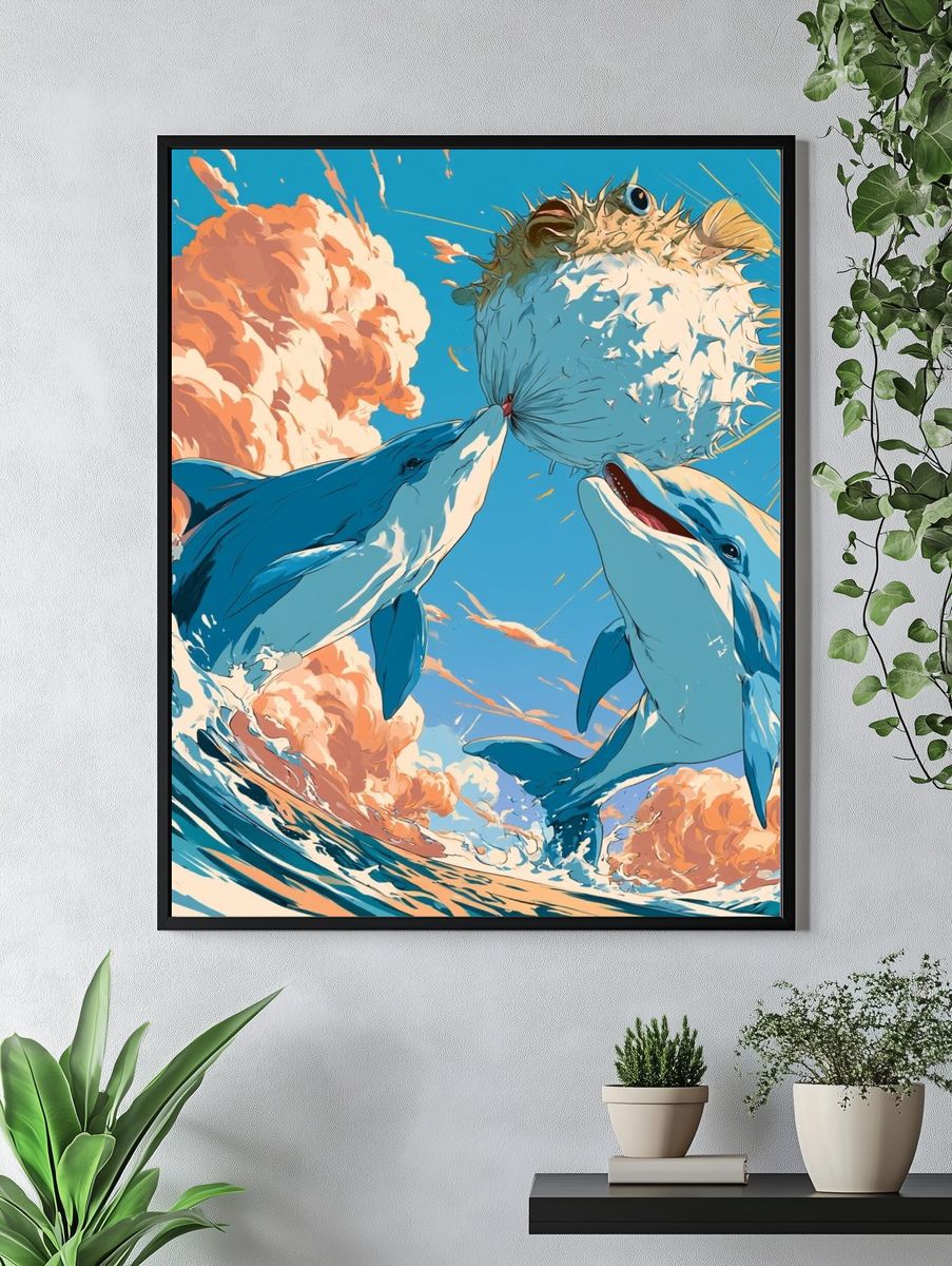 Dolphins and Pufferfish Ocean Print. — room view 4