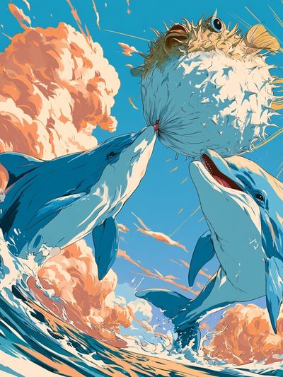 Dolphins and Pufferfish Ocean Print. poster