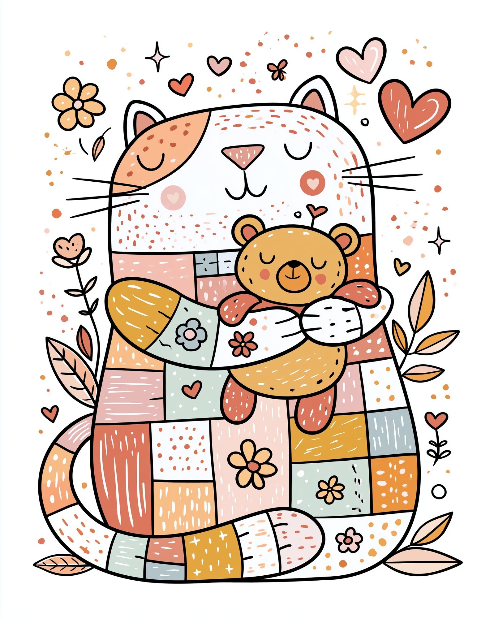 Patchwork Cat and Bear Illustration Poster. poster — illustration art