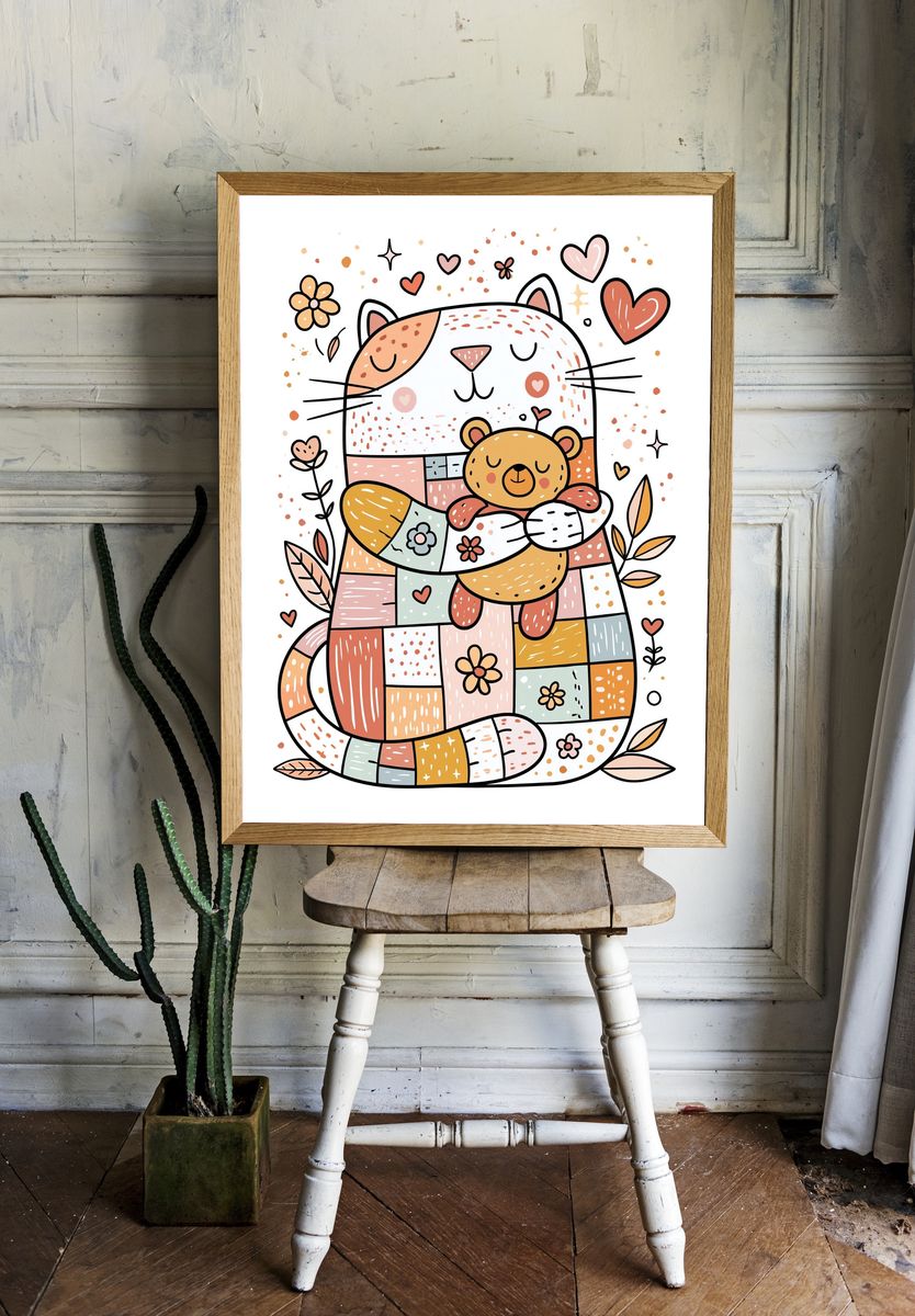 Patchwork Cat and Bear Illustration Poster. room preview
