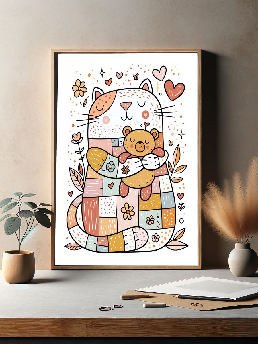 Patchwork Cat and Bear Illustration Poster. — room view 2