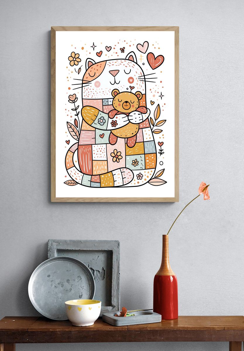 Patchwork Cat and Bear Illustration Poster. — room view 3