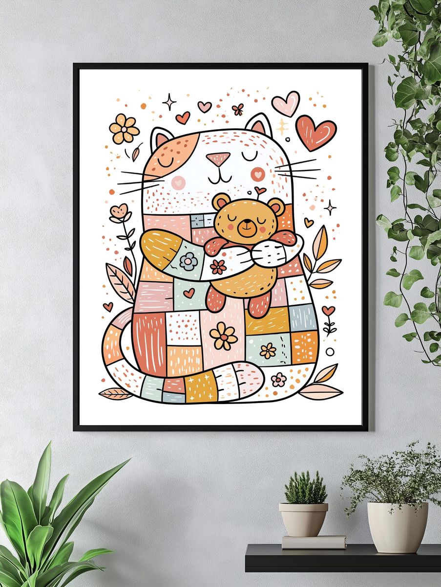 Patchwork Cat and Bear Illustration Poster. — room view 4