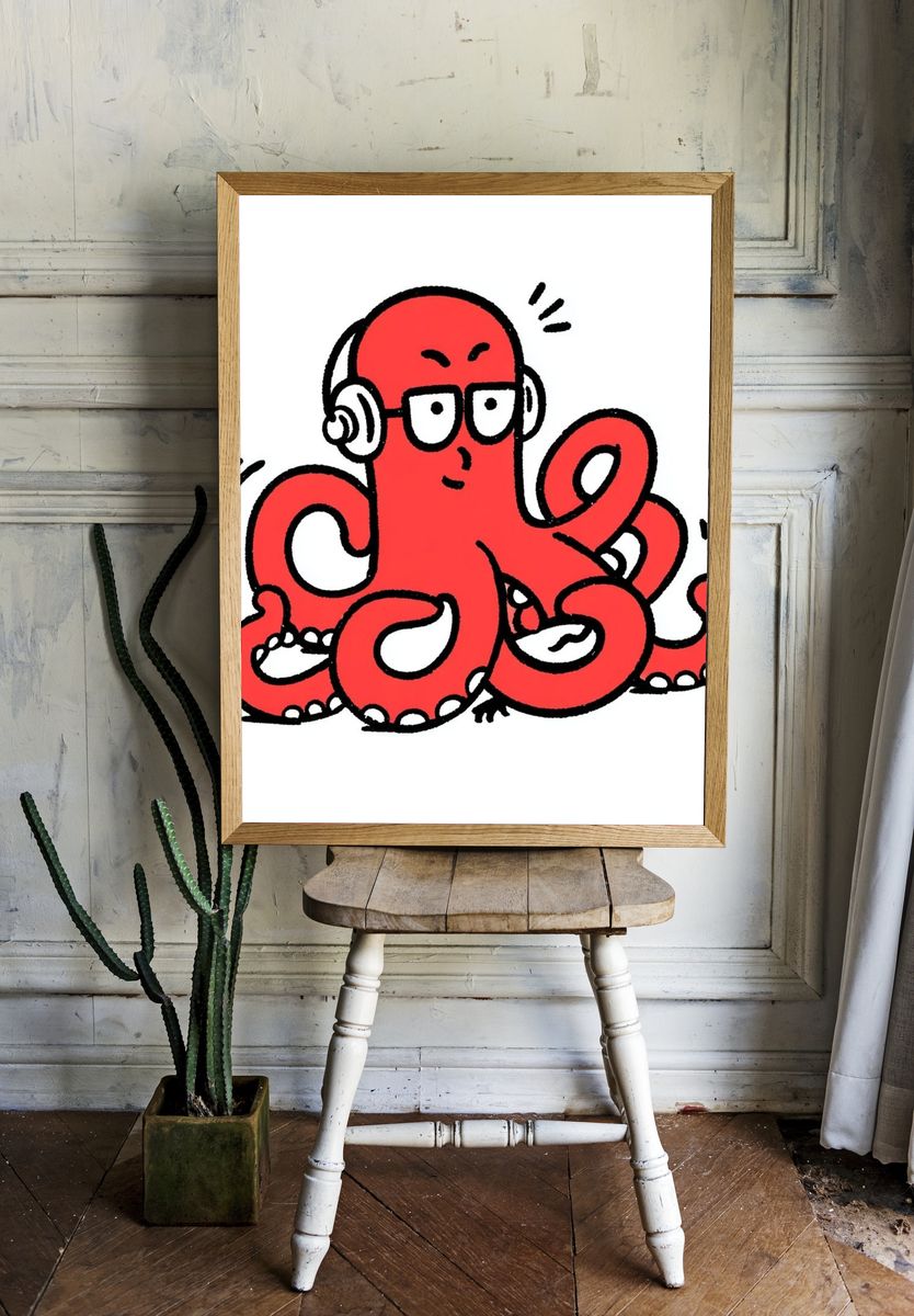 Red Octopus Cartoon Poster. room preview