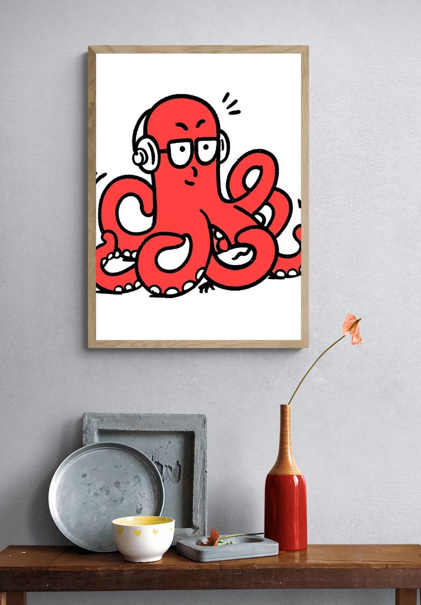 Red Octopus Cartoon Poster. — room view 3