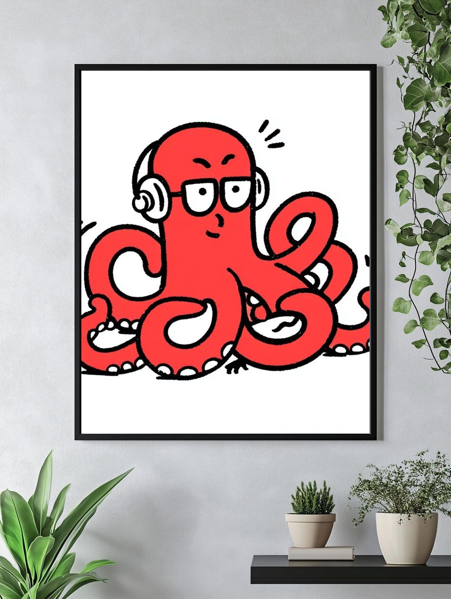 Red Octopus Cartoon Poster. — room view 4