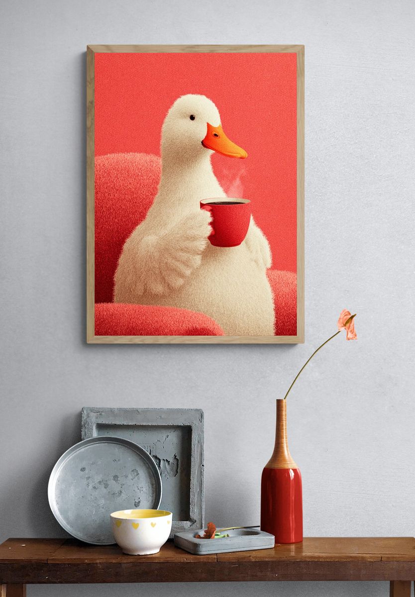 Duck with Coffee Illustration Poster. — room view 3