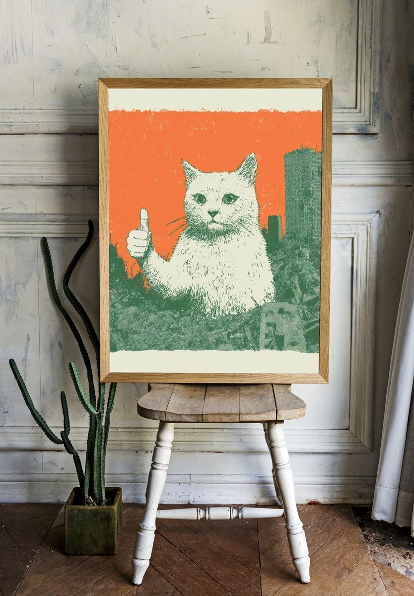 Thumbs Up Cat Retro Illustration Poster. room preview