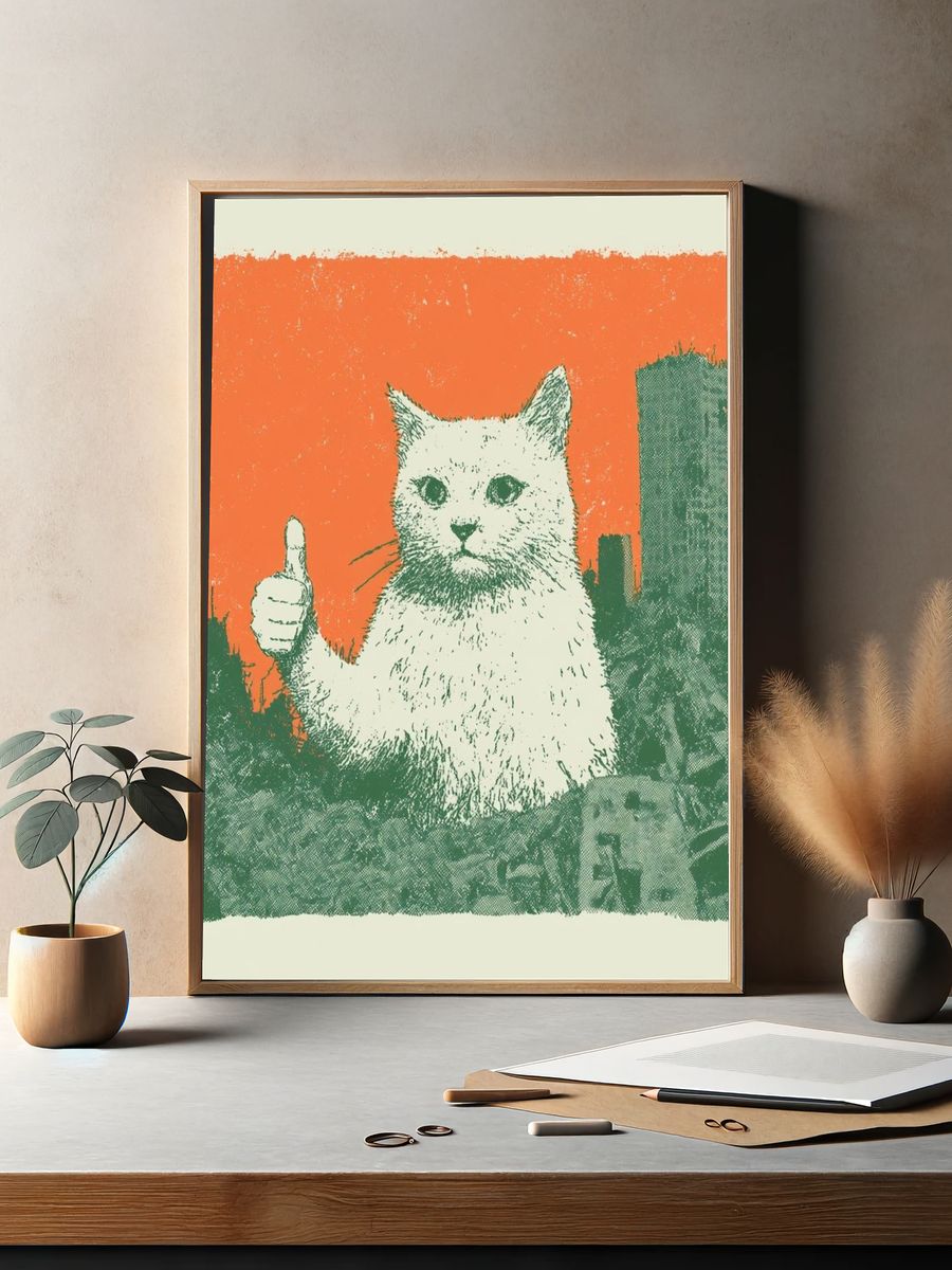 Thumbs Up Cat Retro Illustration Poster. — room view 2