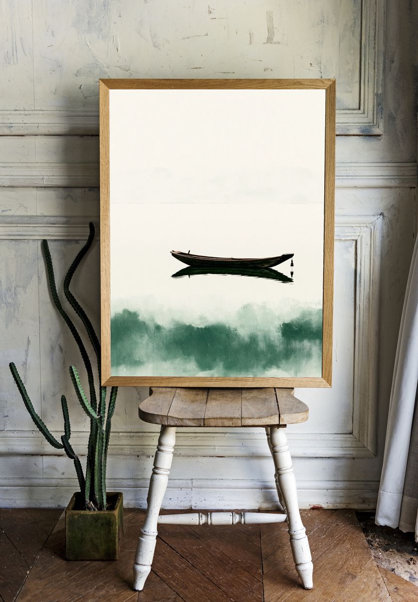 Solitary Boat Watercolor Print. room preview