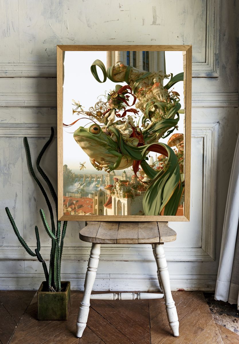 Frog Rider Fantasy Cityscape Print. room preview