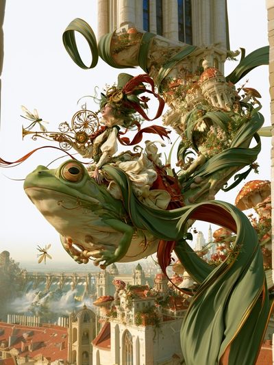 Frog Rider Fantasy Cityscape Print.