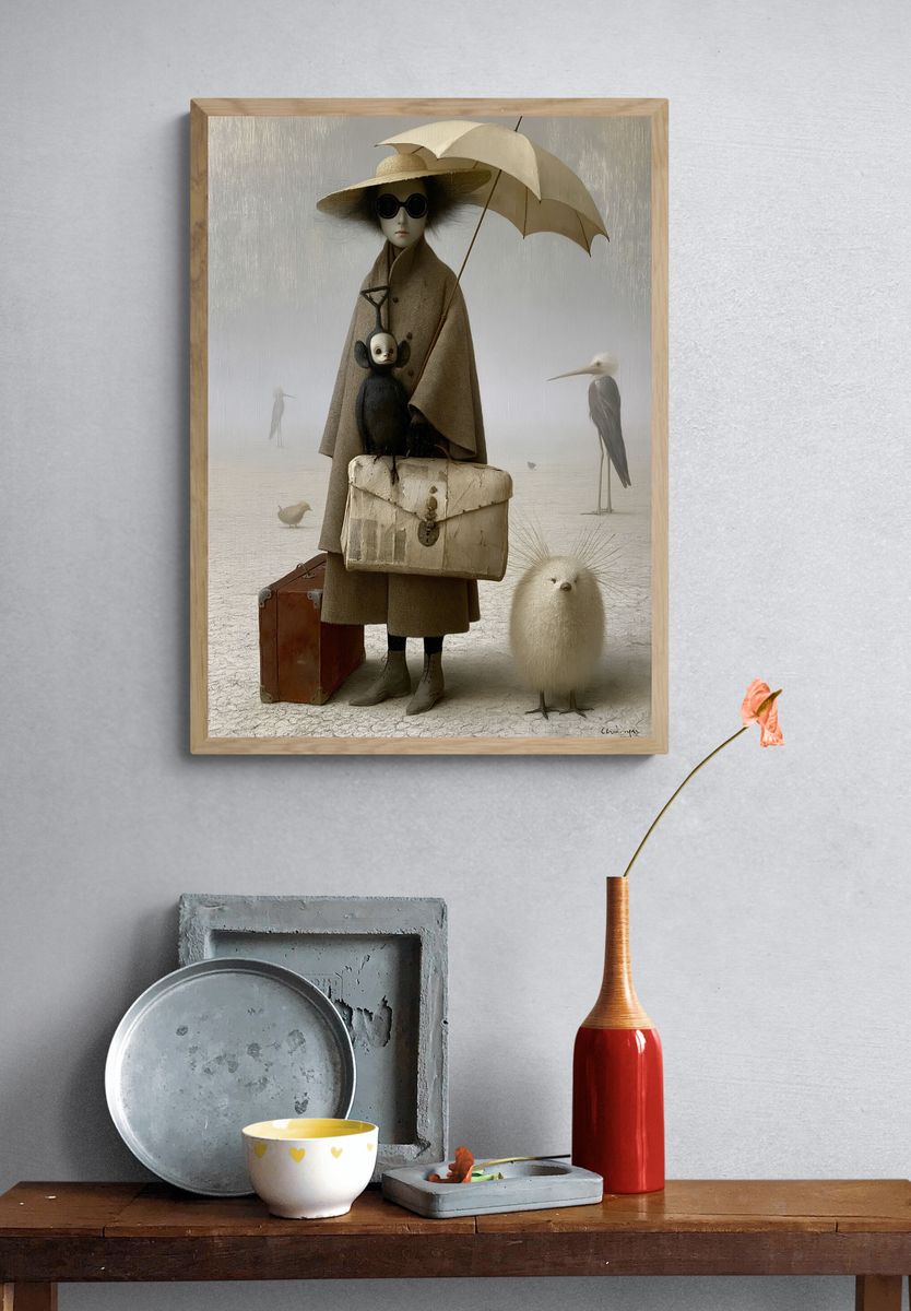 Surreal Birdwatcher Illustration Poster. — room view 3