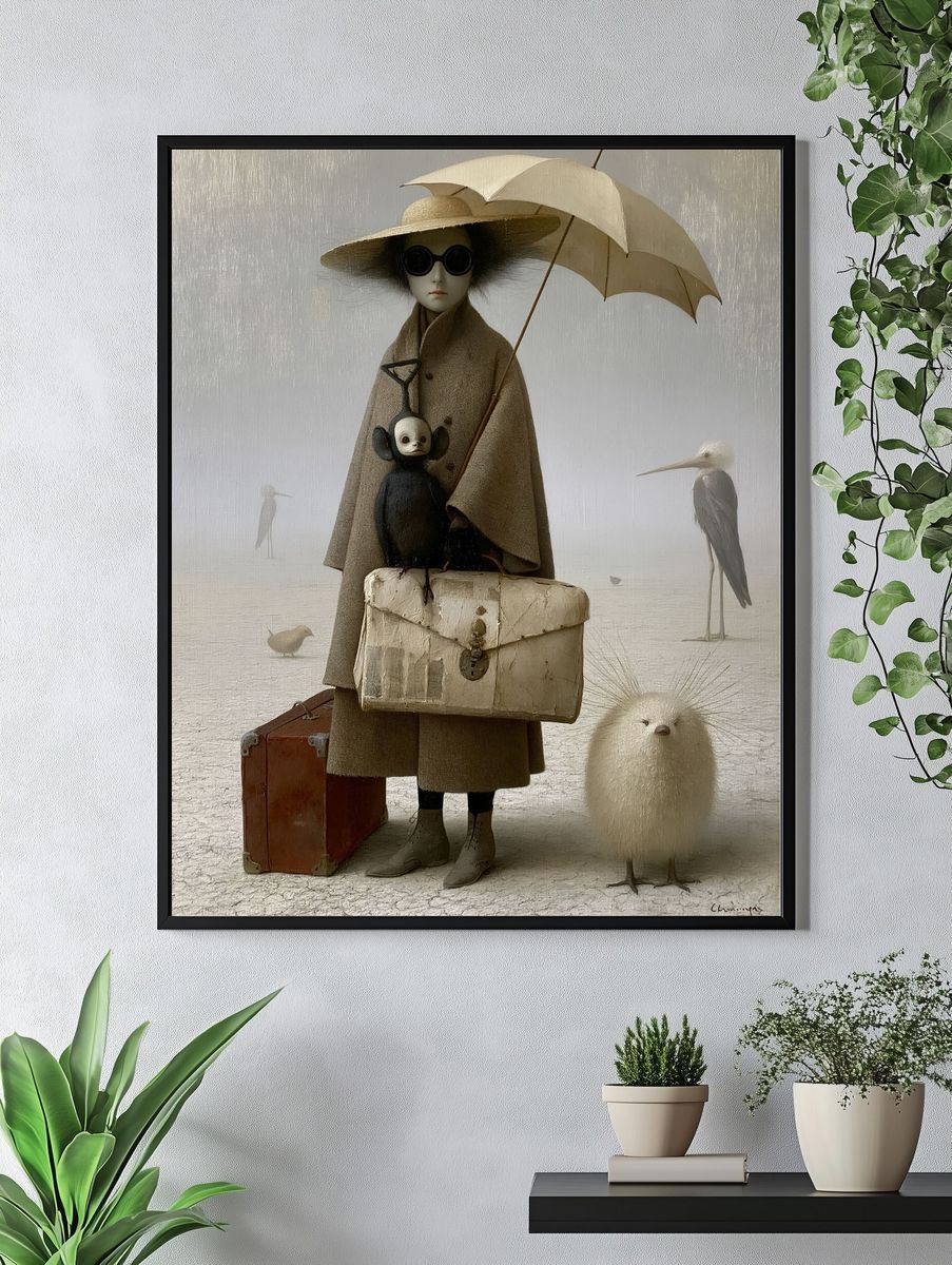 Surreal Birdwatcher Illustration Poster. — room view 4