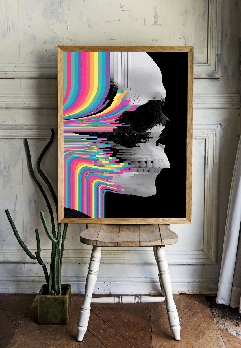 Glitch Skull Digital Art Poster. room preview