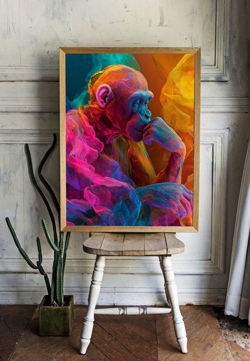 Neon Thinker Monkey Illustration Poster. room preview