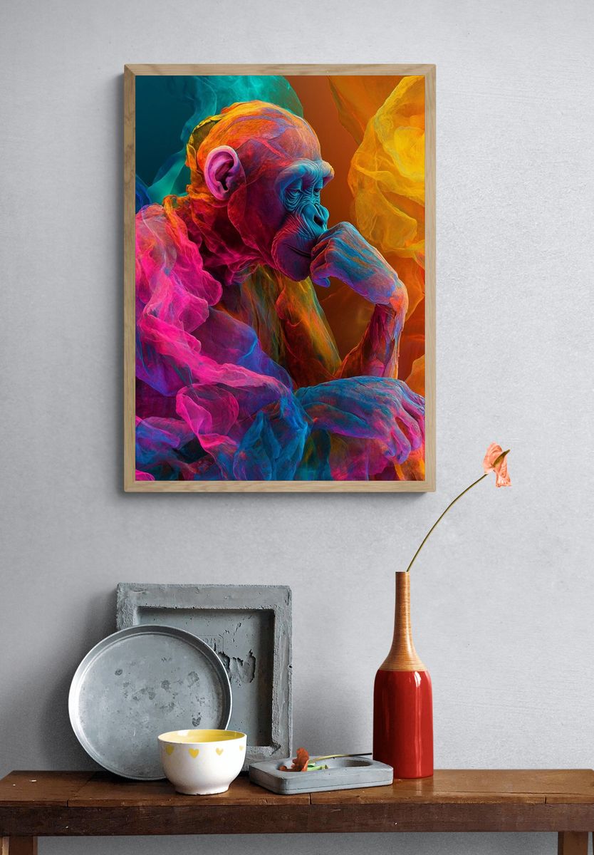 Neon Thinker Monkey Illustration Poster. — room view 3