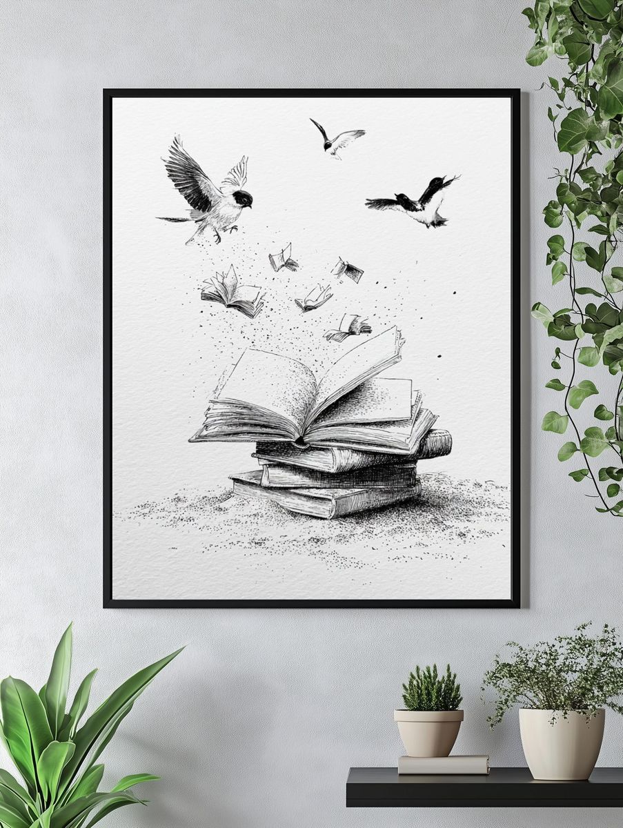 Flying Books Ink Illustration Poster. — room view 4