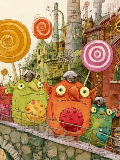 Whimsical Goblin Village Illustration Poster.