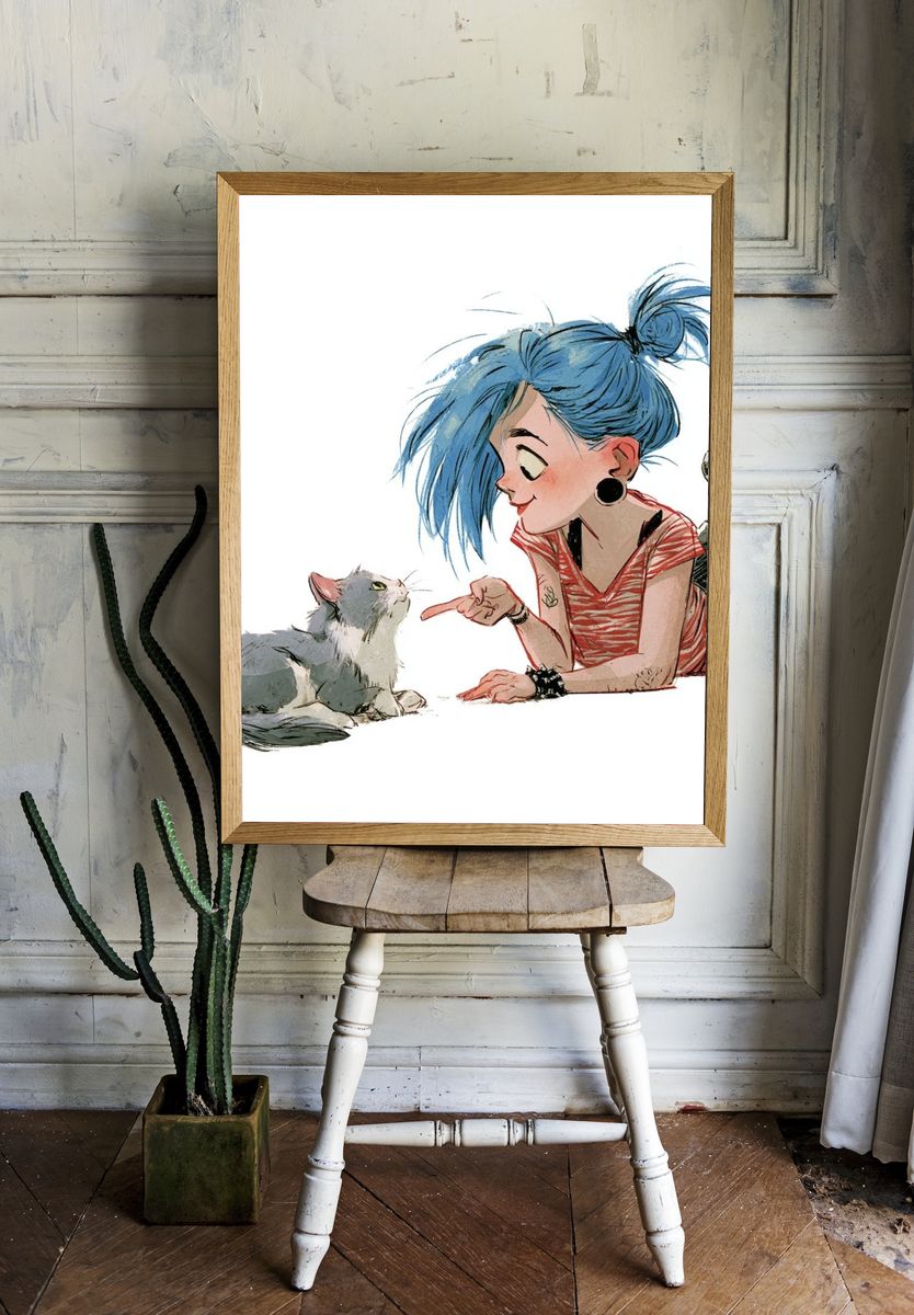 Girl and Cat Watercolor Print. — room view 1