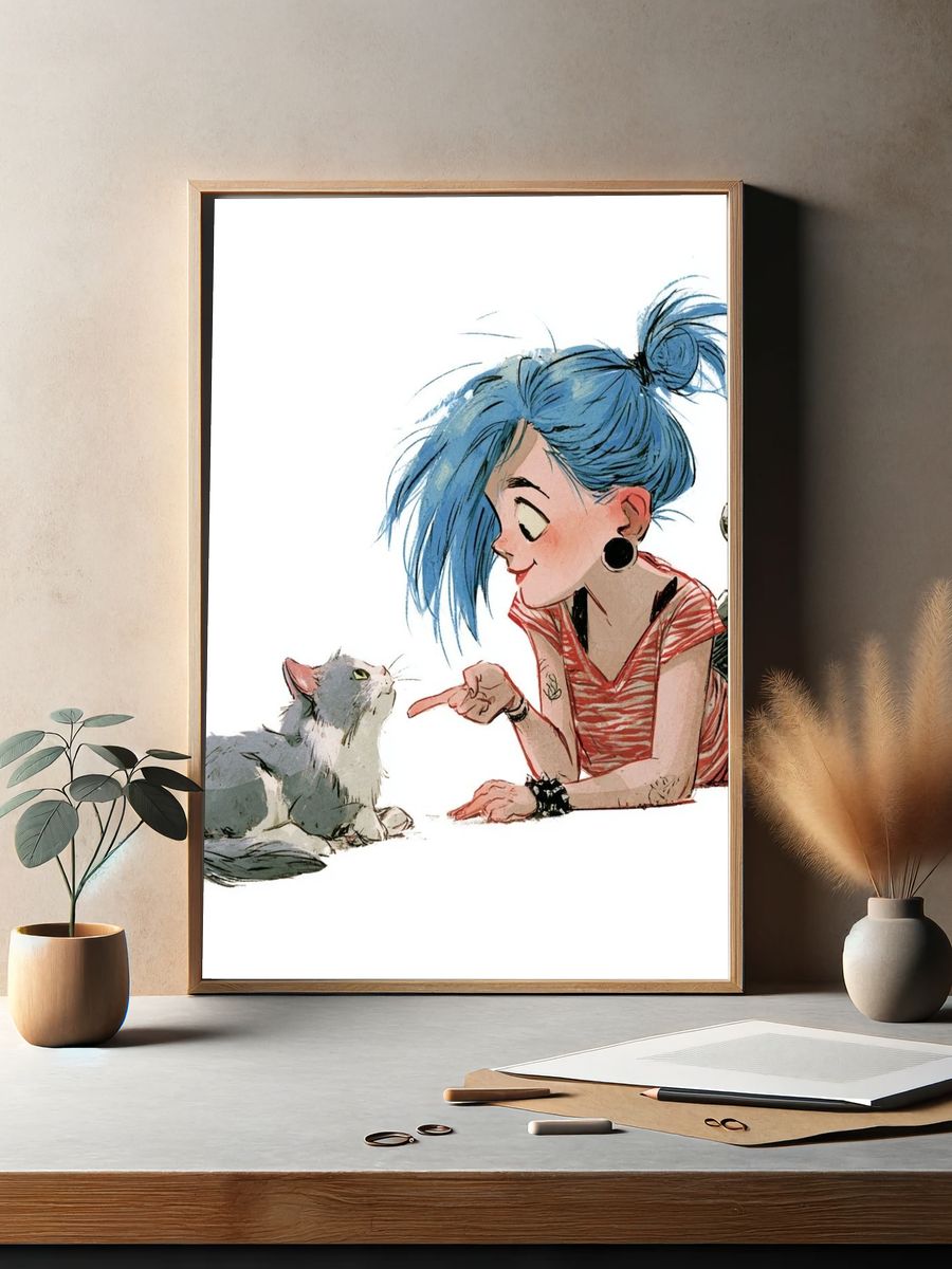 Girl and Cat Watercolor Print. — room view 2