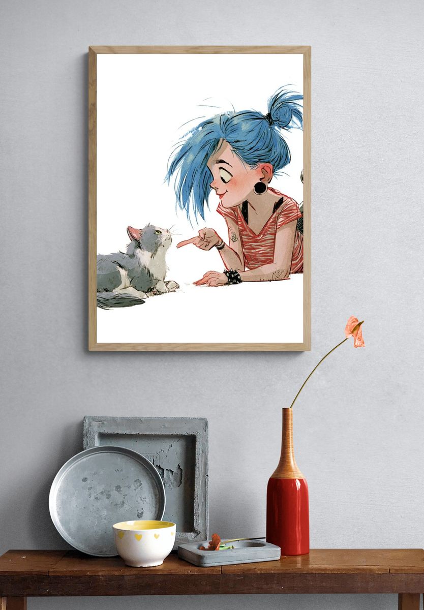 Girl and Cat Watercolor Print. — room view 3