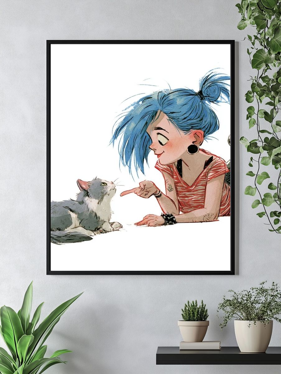 Girl and Cat Watercolor Print. — room view 4