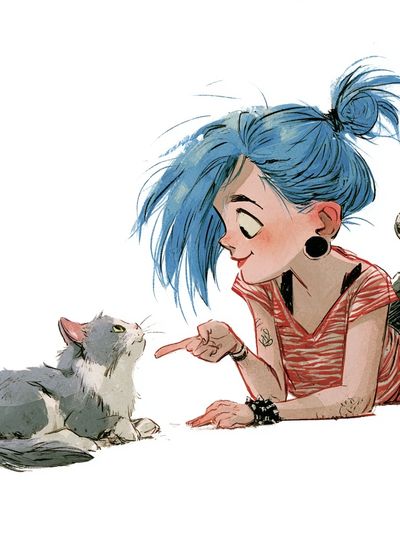 Girl and Cat Watercolor Print.