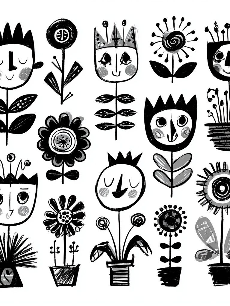 Whimsical Floral Faces Illustration Poster. poster detail