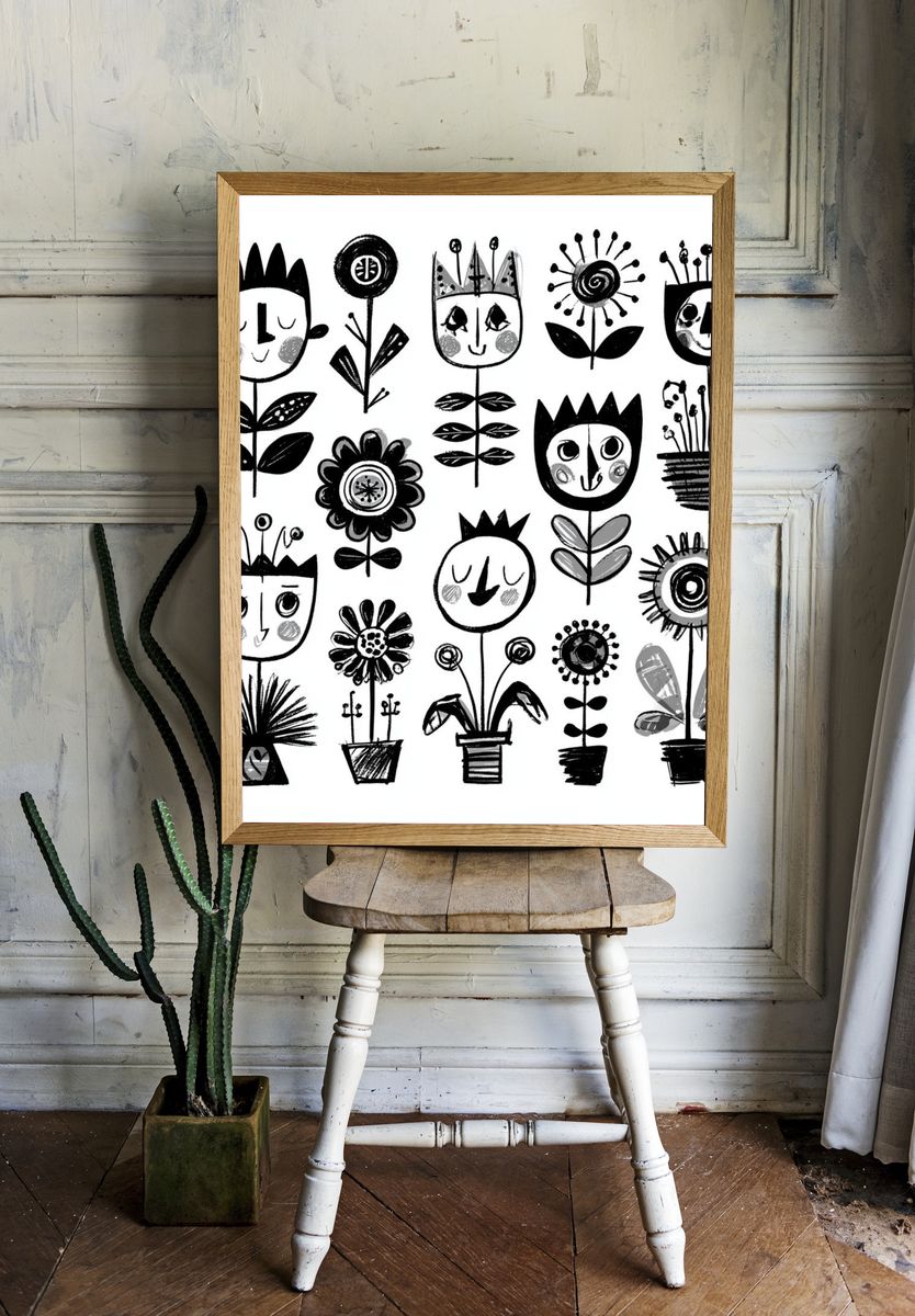 Whimsical Floral Faces Illustration Poster. room preview