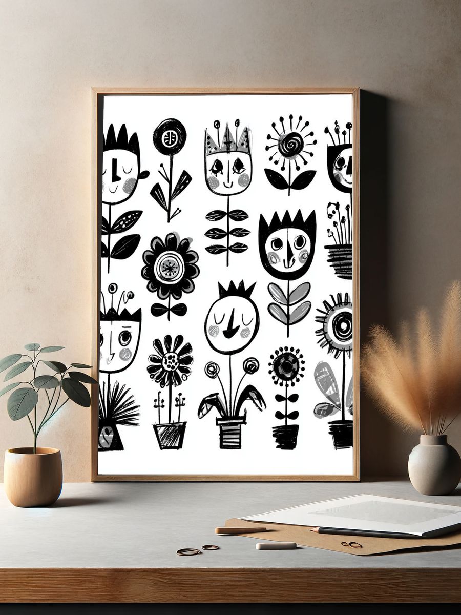 Whimsical Floral Faces Illustration Poster. — room view 2