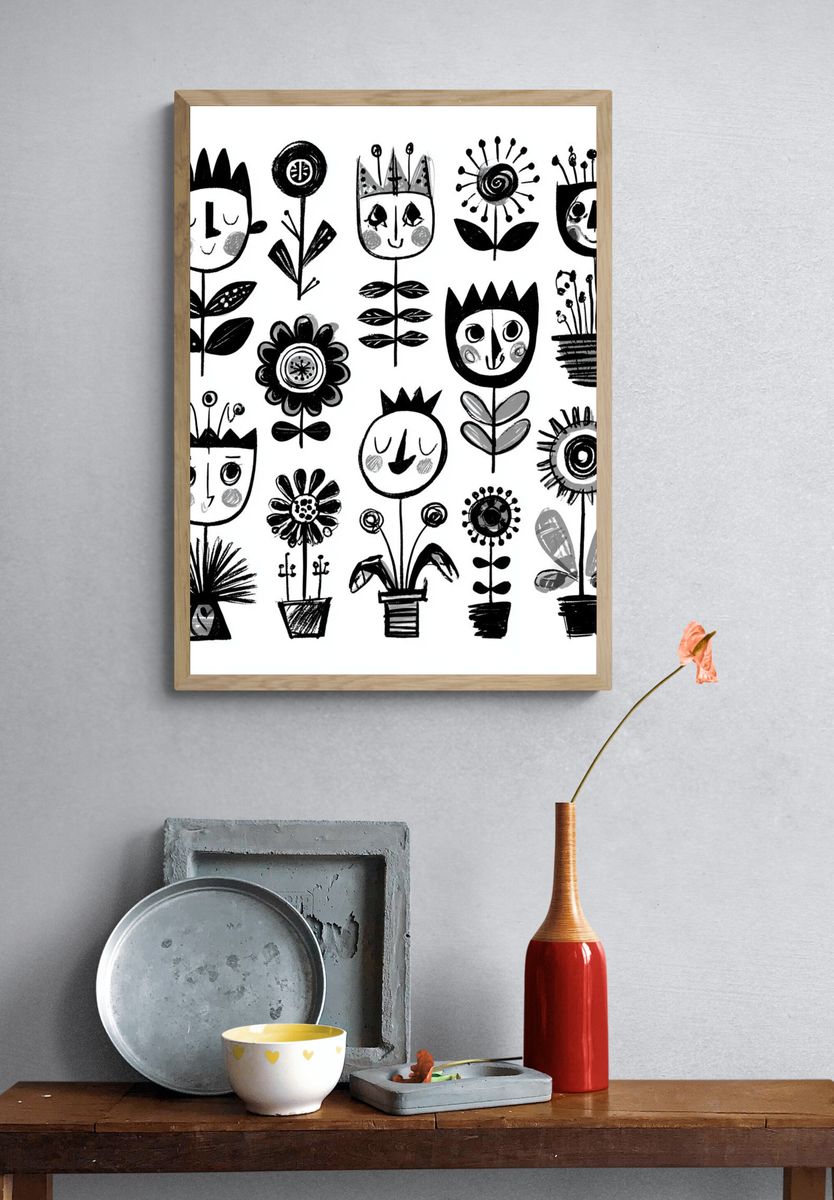 Whimsical Floral Faces Illustration Poster. — room view 3