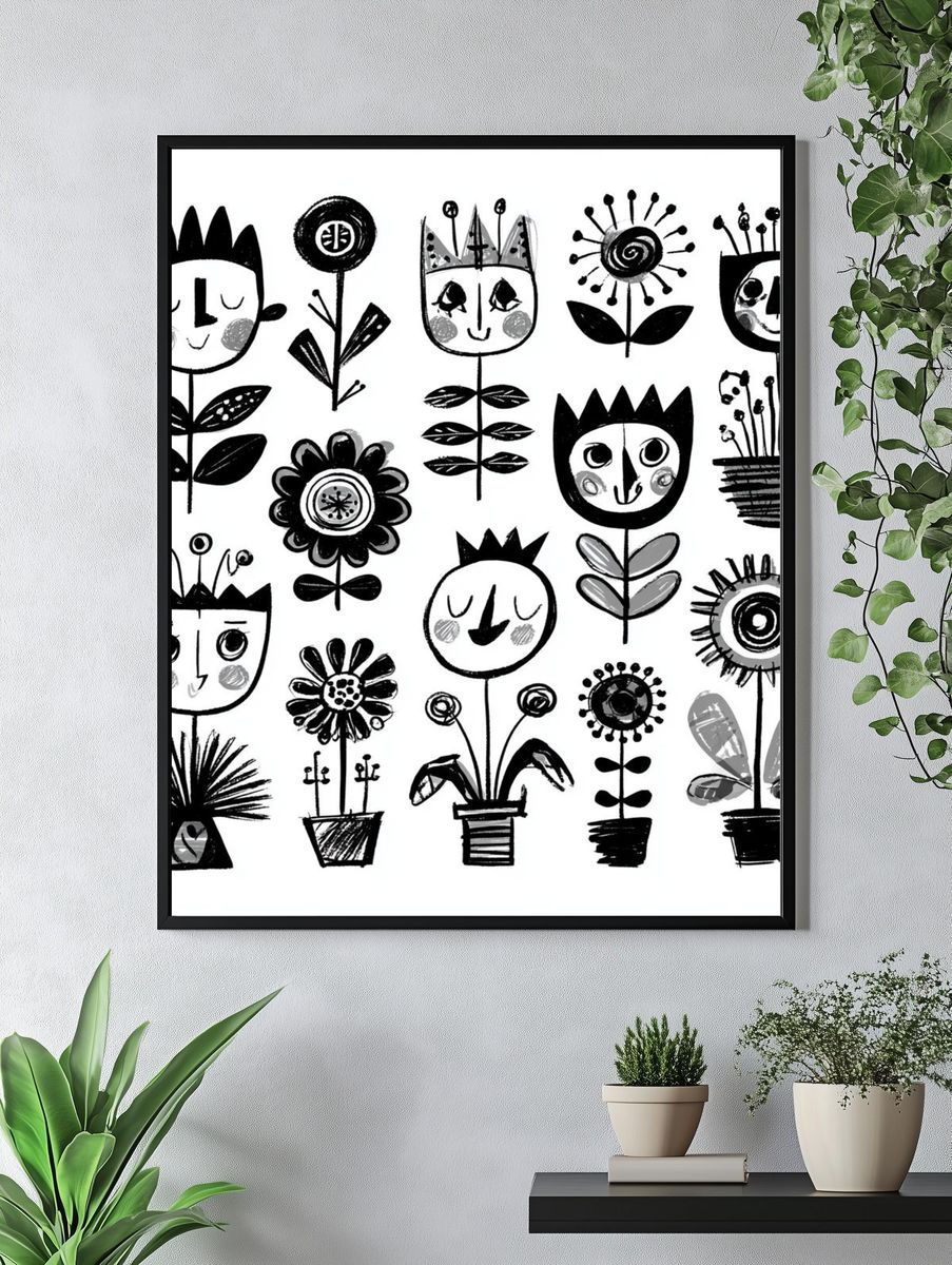 Whimsical Floral Faces Illustration Poster. — room view 4