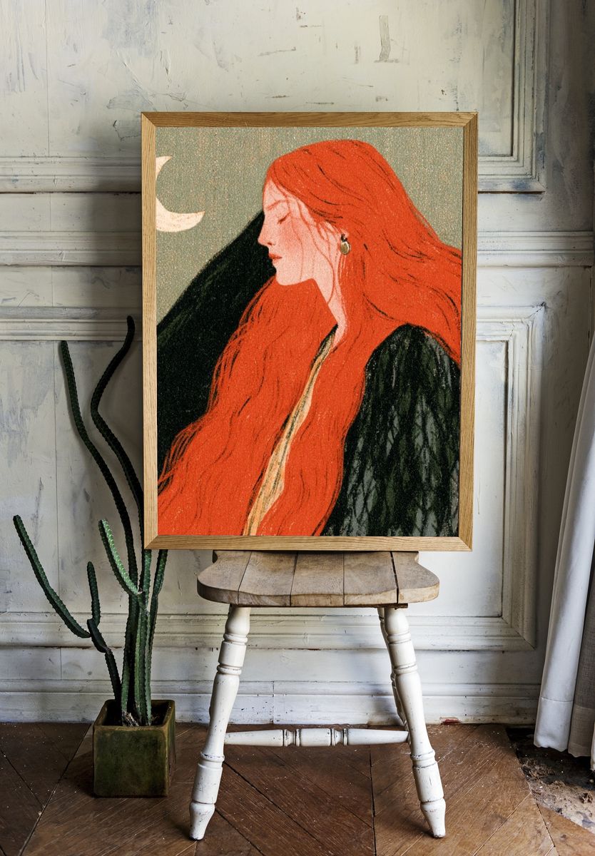 Red-Haired Moonlit Woman Illustration Poster. room preview