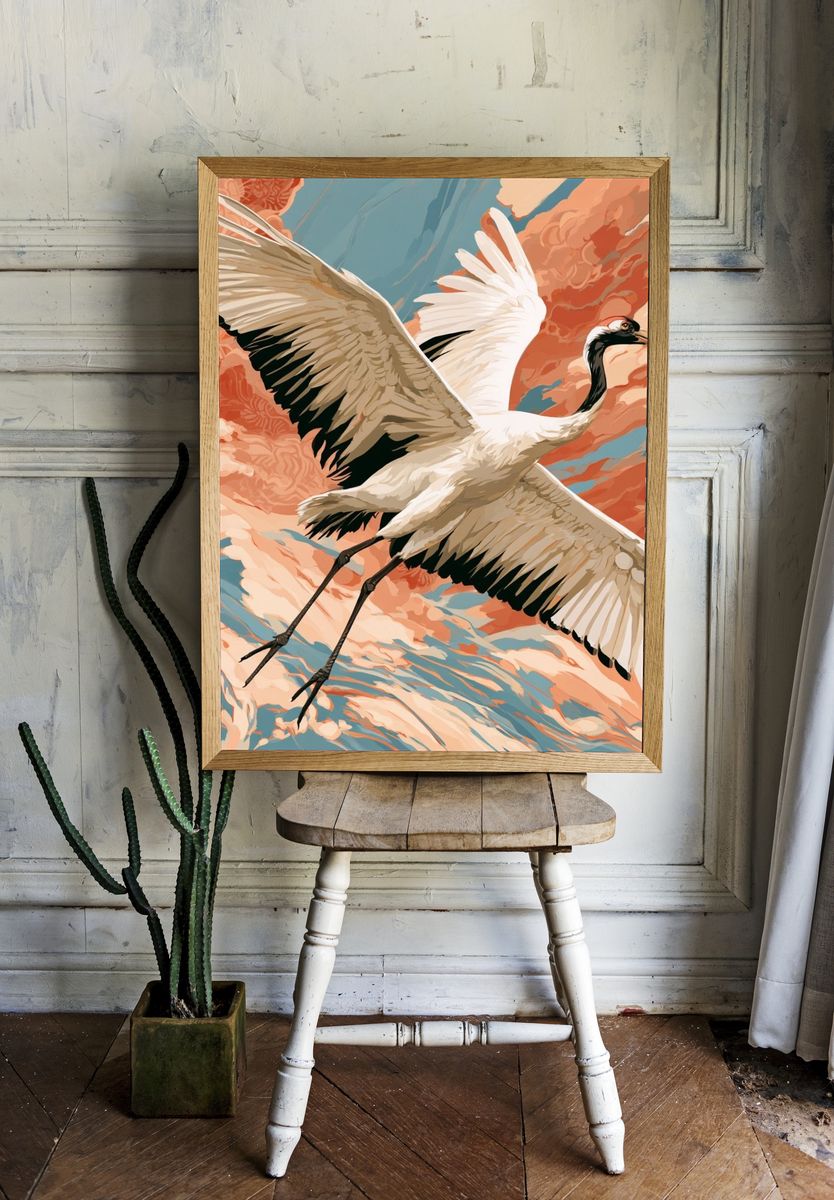 Crane in Coral Sky Illustration Poster. — room view 1