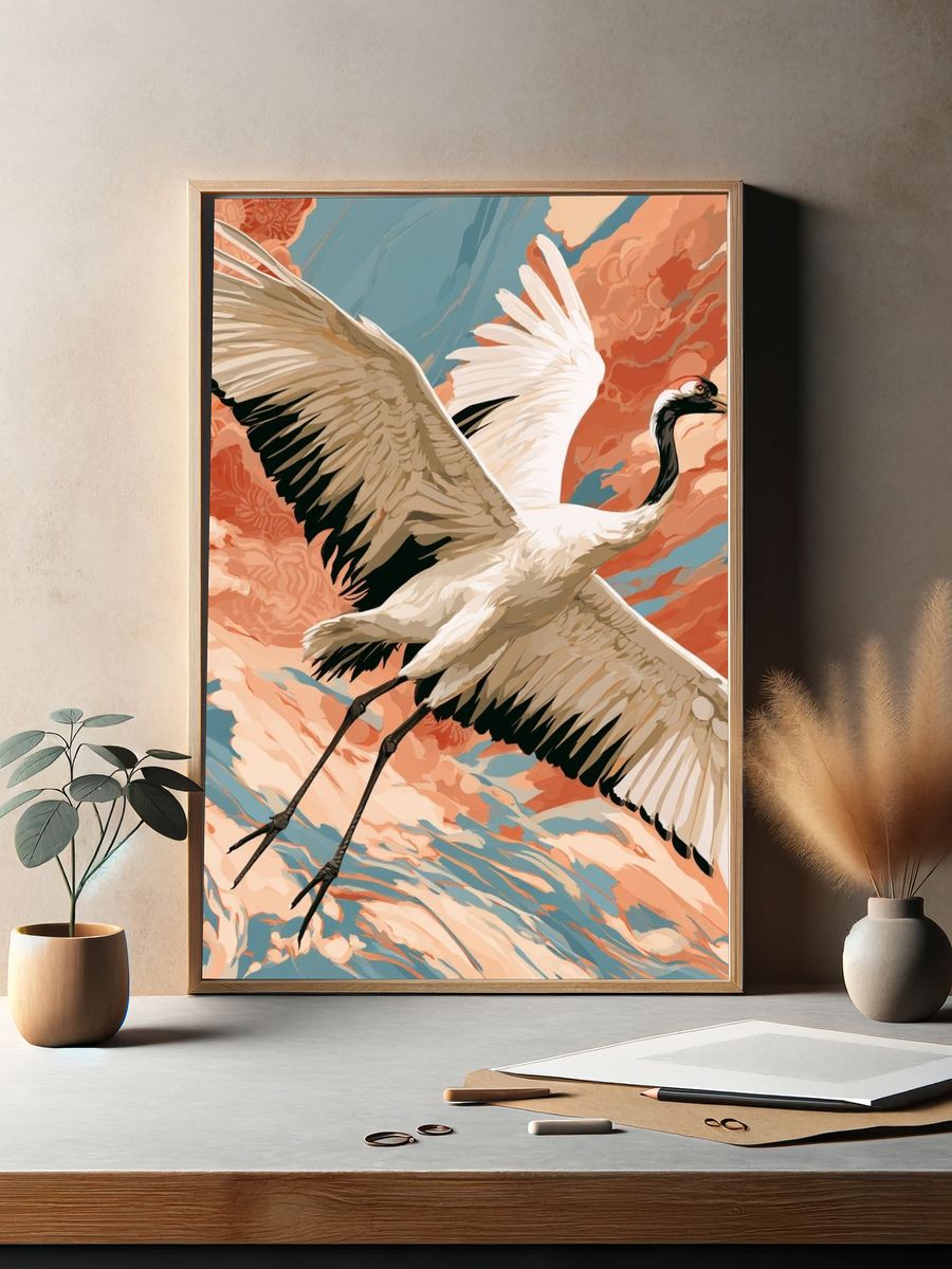 Crane in Coral Sky Illustration Poster. — room view 2
