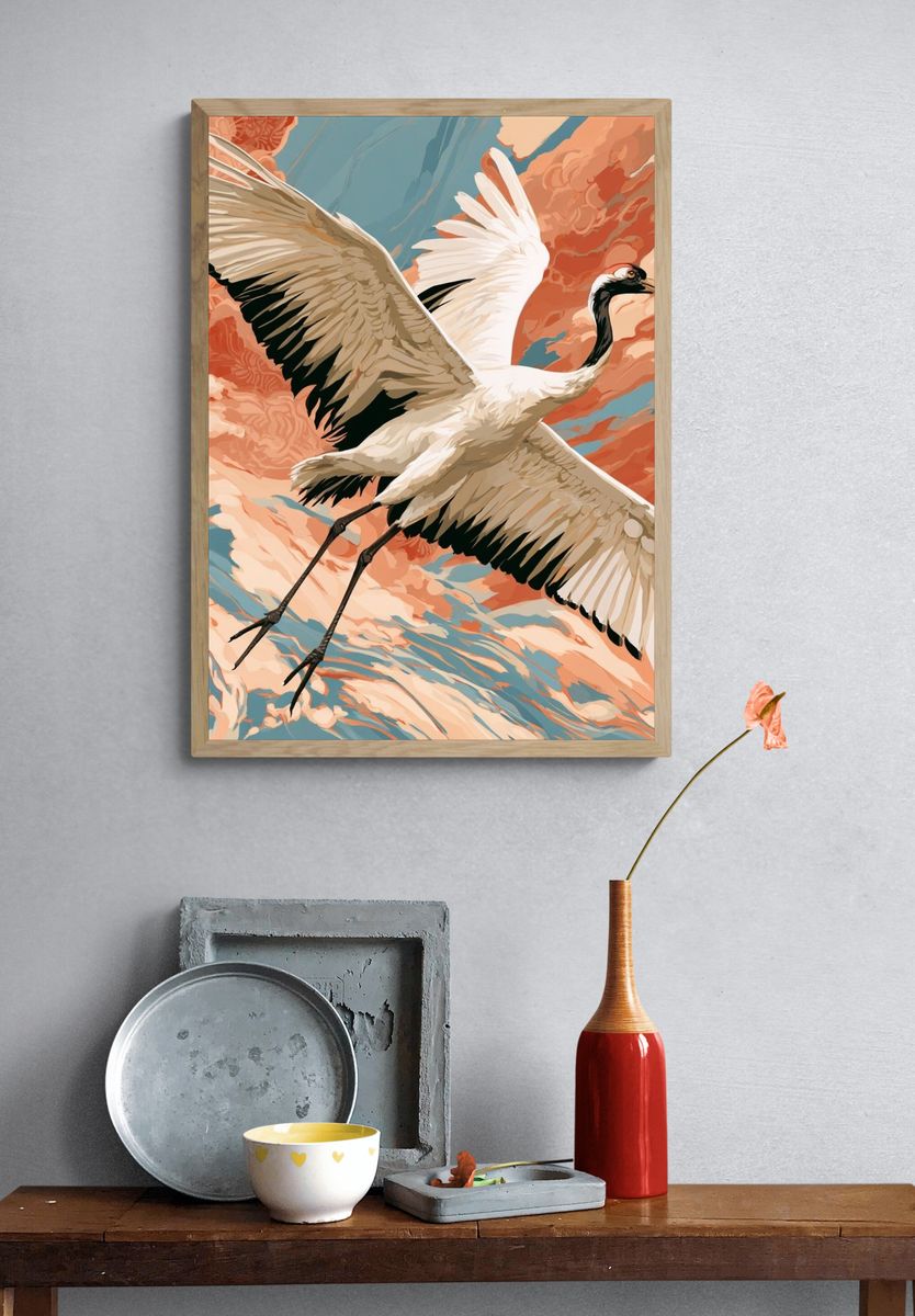 Crane in Coral Sky Illustration Poster. — room view 3
