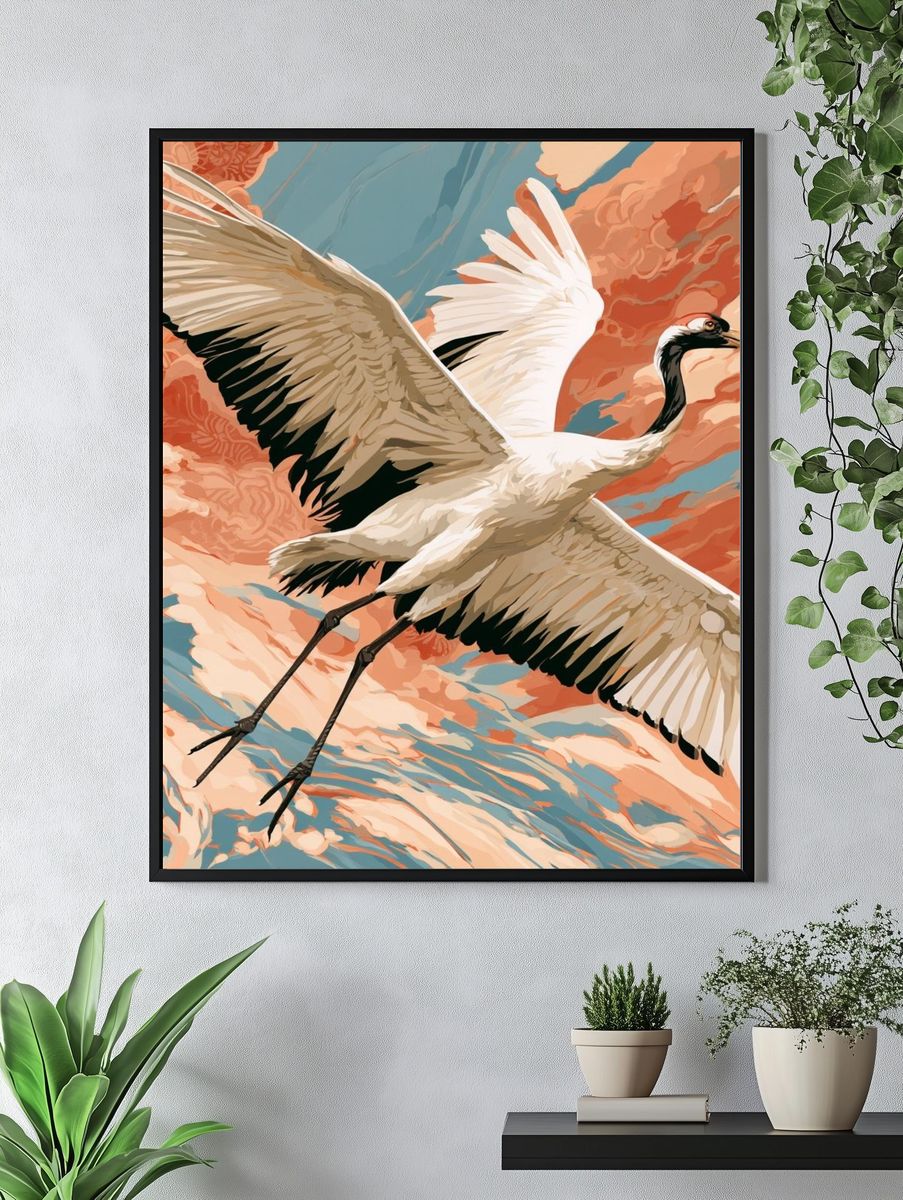Crane in Coral Sky Illustration Poster. — room view 4