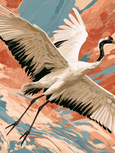 Crane in Coral Sky Illustration Poster.