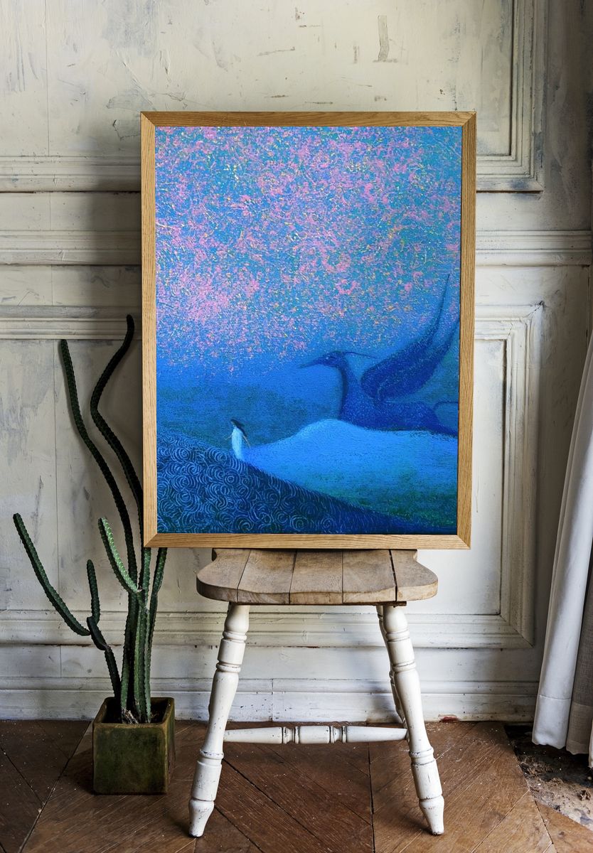 Whale and Penguin Dreamscape Print. room preview