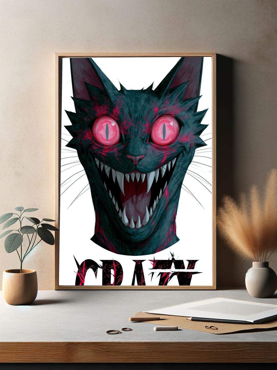Crazy Cat Horror Illustration Poster. — room view 2