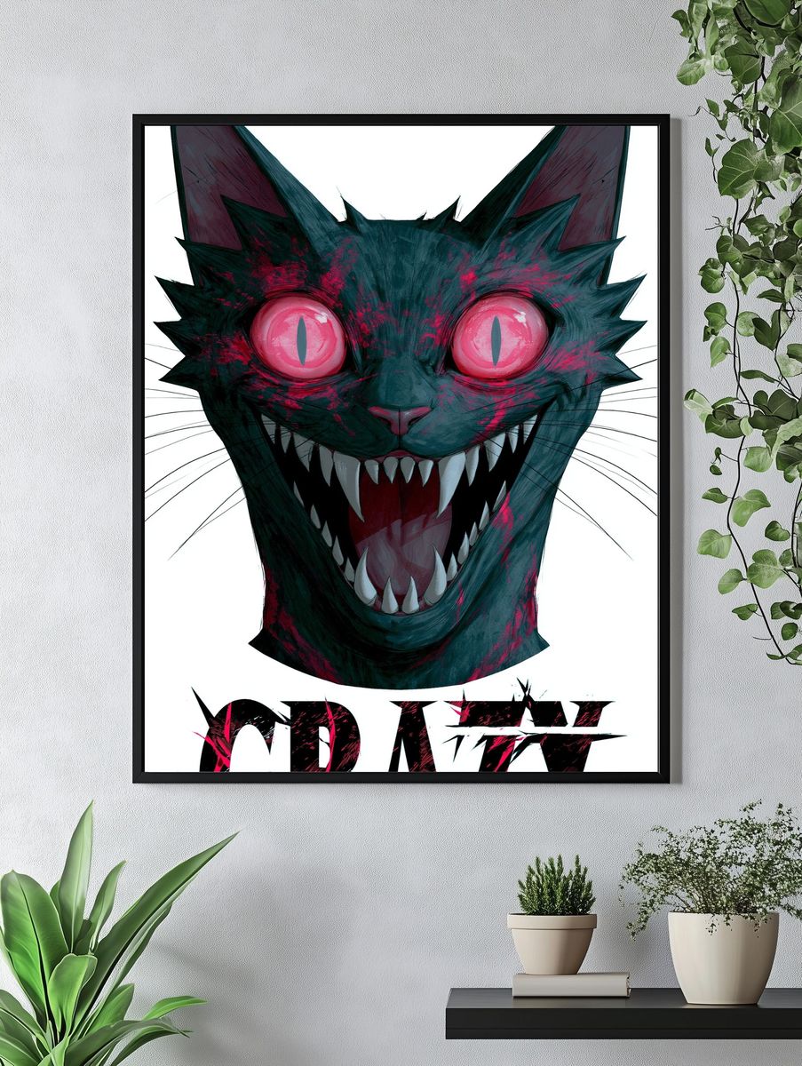 Crazy Cat Horror Illustration Poster. — room view 4
