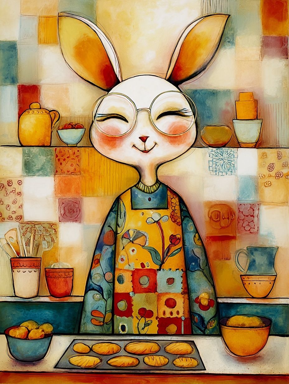Whimsical Bunny Kitchen Illustration Poster. poster detail