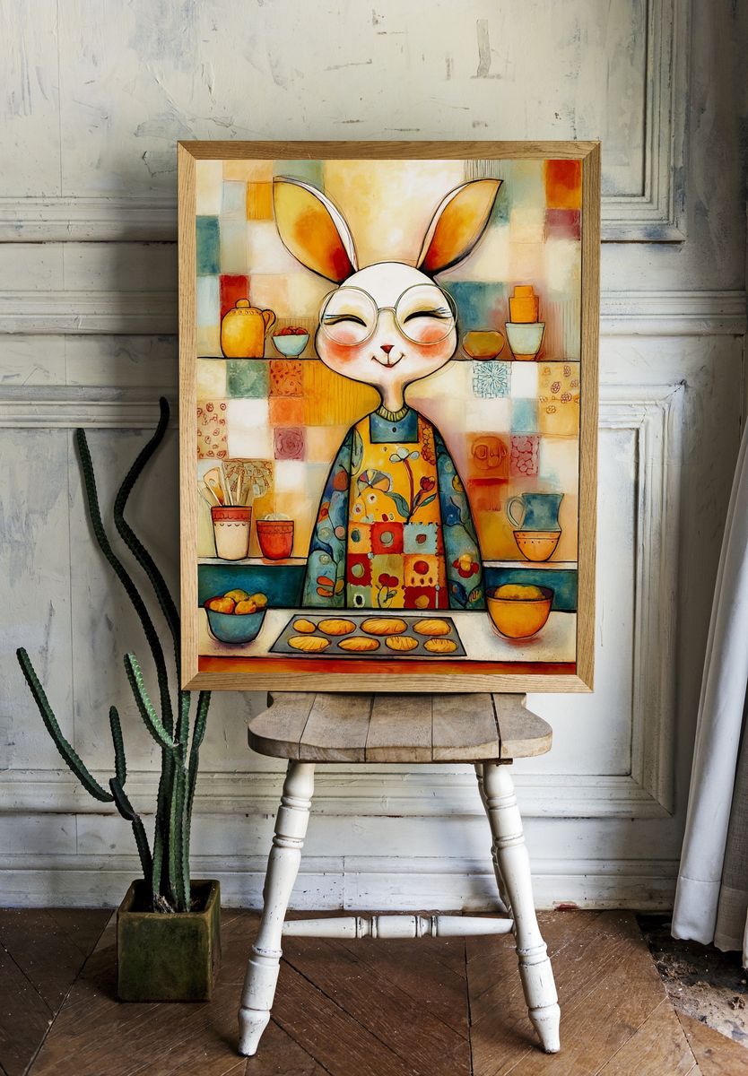 Whimsical Bunny Kitchen Illustration Poster. room preview