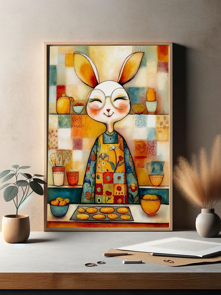 Whimsical Bunny Kitchen Illustration Poster. — room view 2