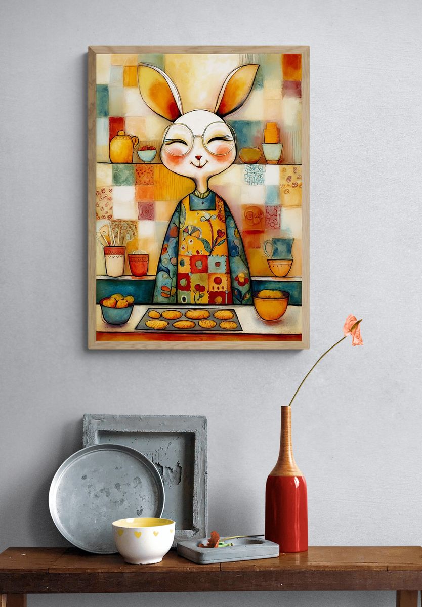 Whimsical Bunny Kitchen Illustration Poster. — room view 3