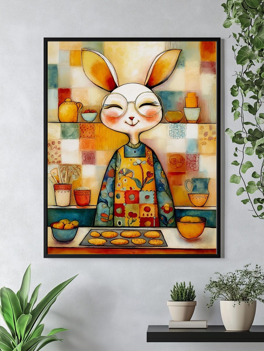Whimsical Bunny Kitchen Illustration Poster. — room view 4