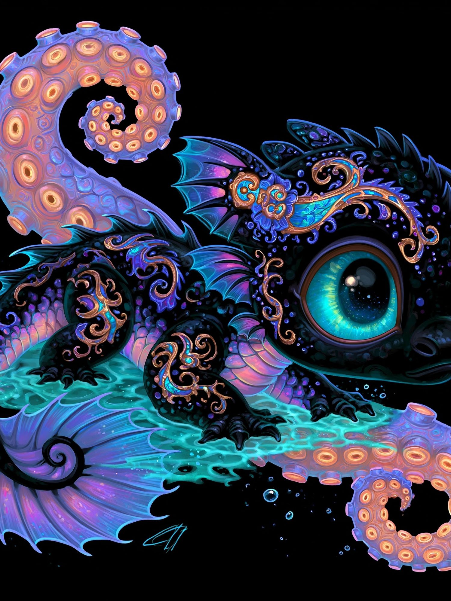 Neon Octopus Dragon Illustration Poster. poster detail