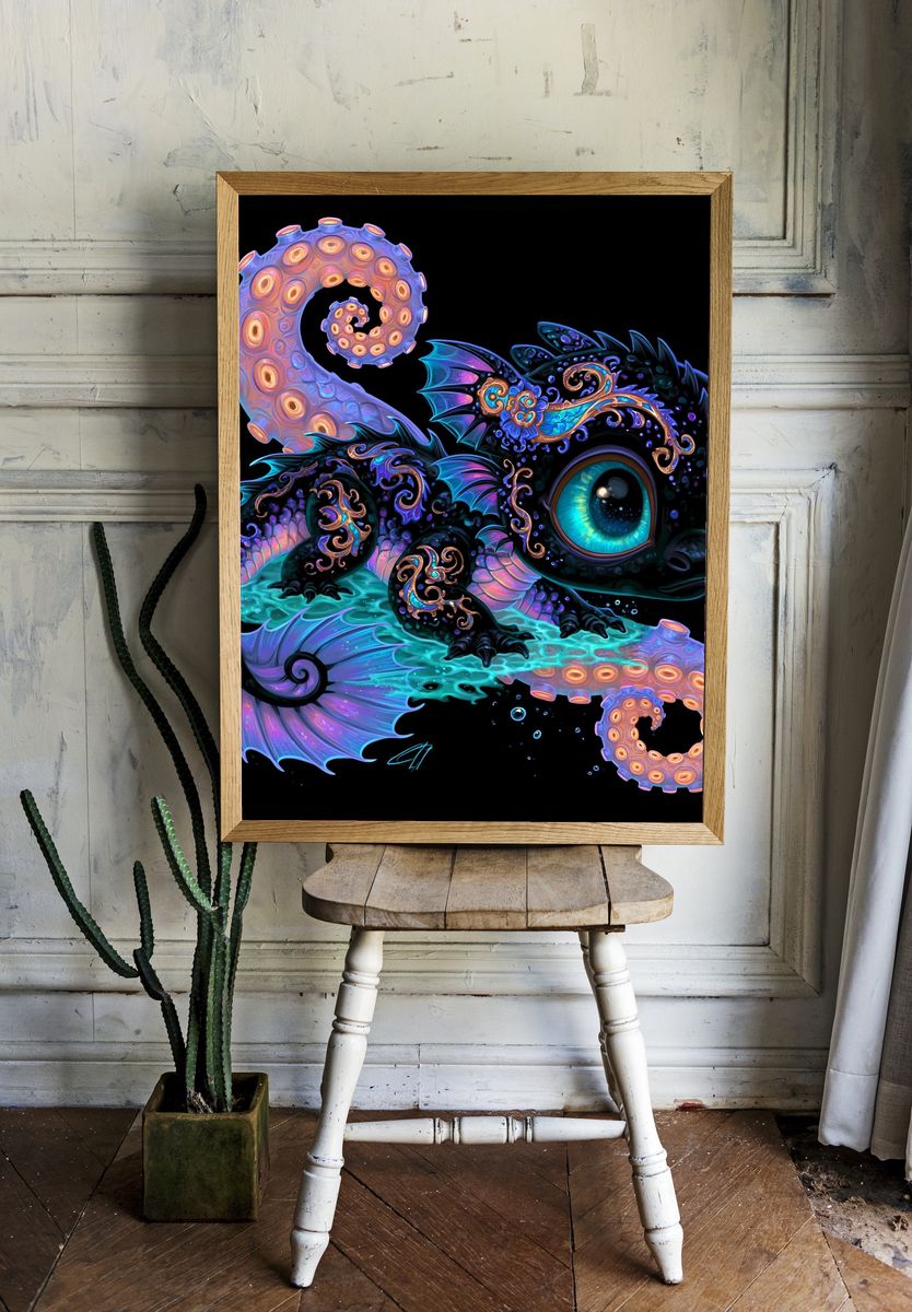 Neon Octopus Dragon Illustration Poster. room preview