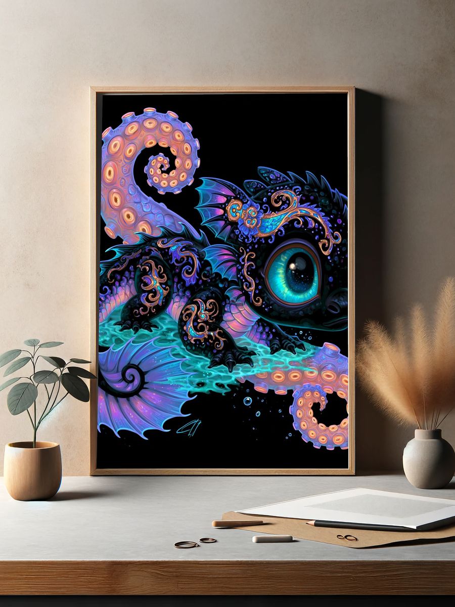 Neon Octopus Dragon Illustration Poster. — room view 2